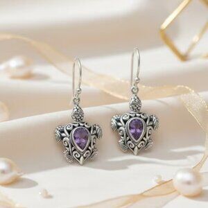 Vintage Inspired Turtle Pendant Earrings Purple Stone Longevity Wisdom Handmade